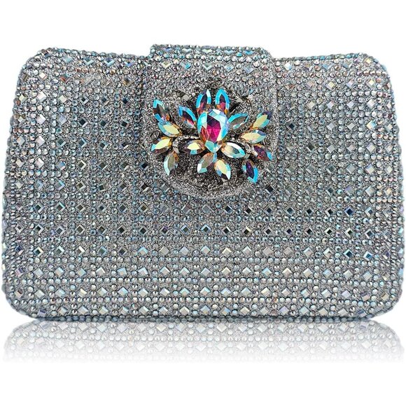 Women's Silver Sparkly Rhinestone Unique Evening Floral Clutch Shoulder Handbag - Picture 1 of 6